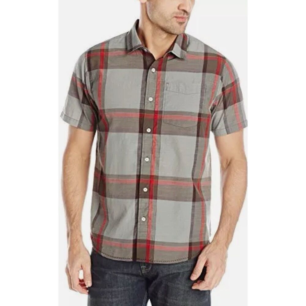 prAna Mens Shirt Size XL Ecto Short Sleeve Plaid Gray Red Organic Cotton